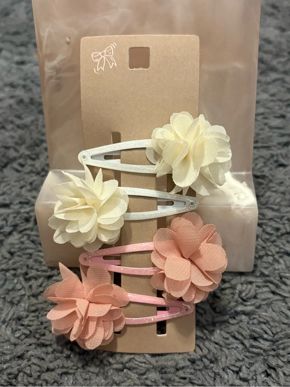 NWT set of 4 frilly flower hair clips - 2 white, and 2 pink